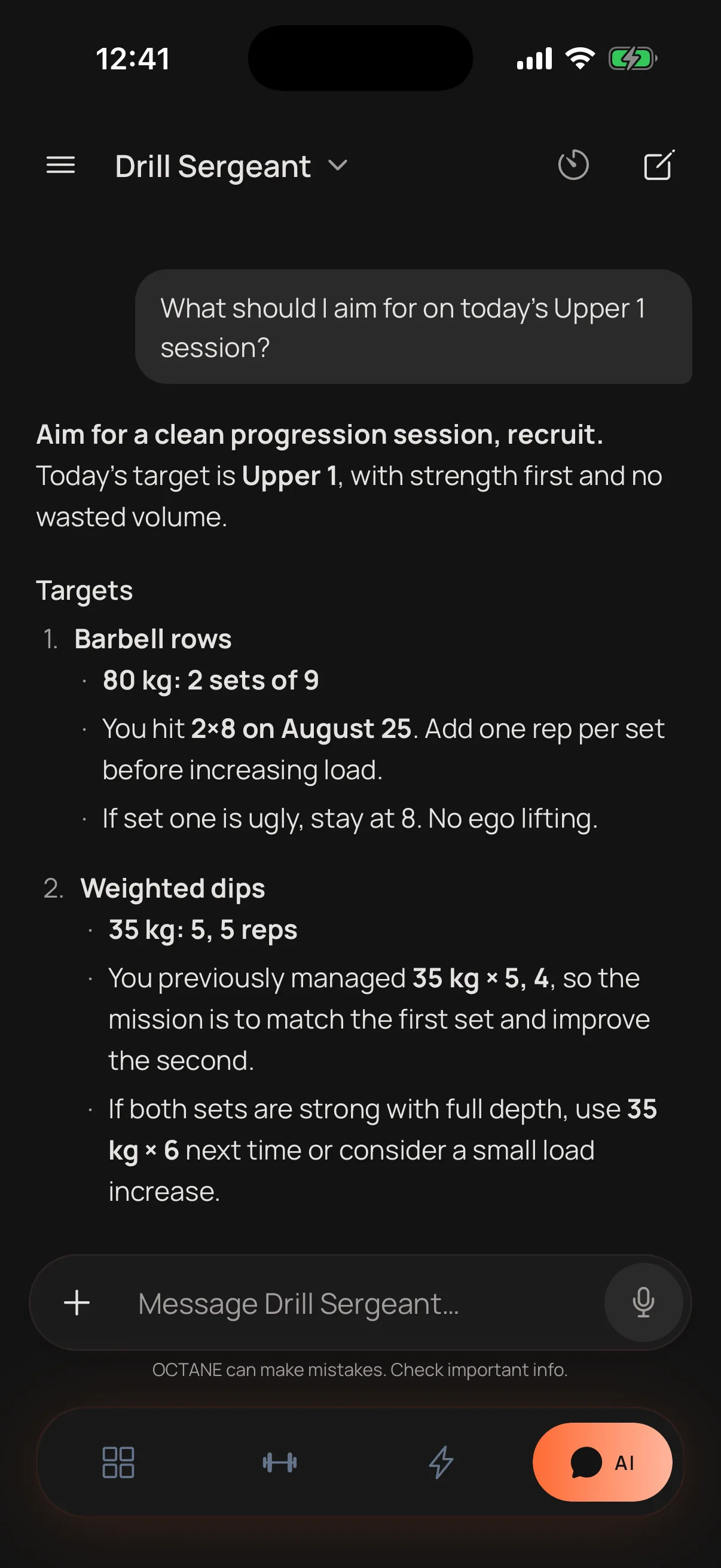 A conversation with the OCTANE coach referencing recent workouts and sleep