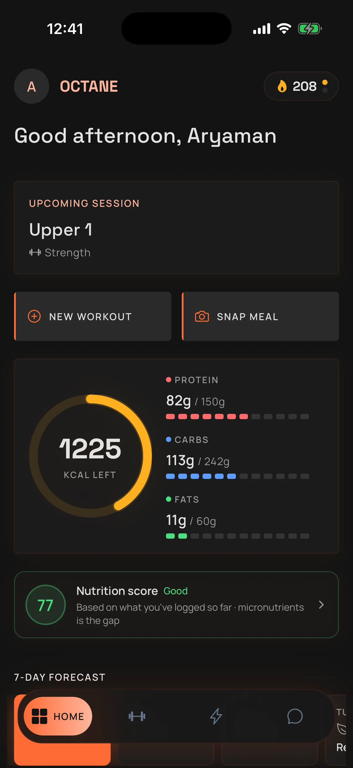 OCTANE dashboard showing today's session, the calorie ring, macro targets and the 7-day forecast